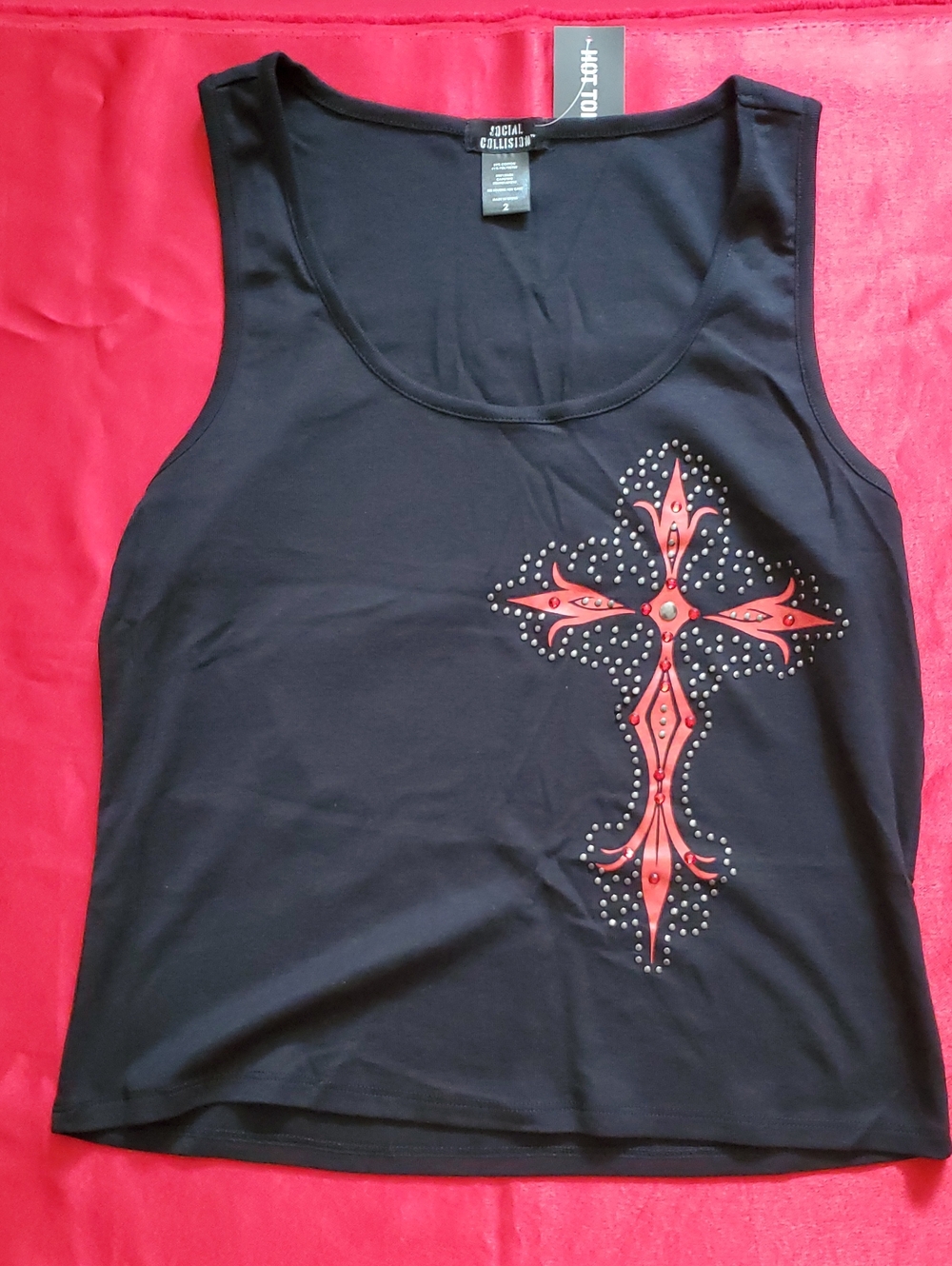 Black Tank Top with Red Cross Stud Accent